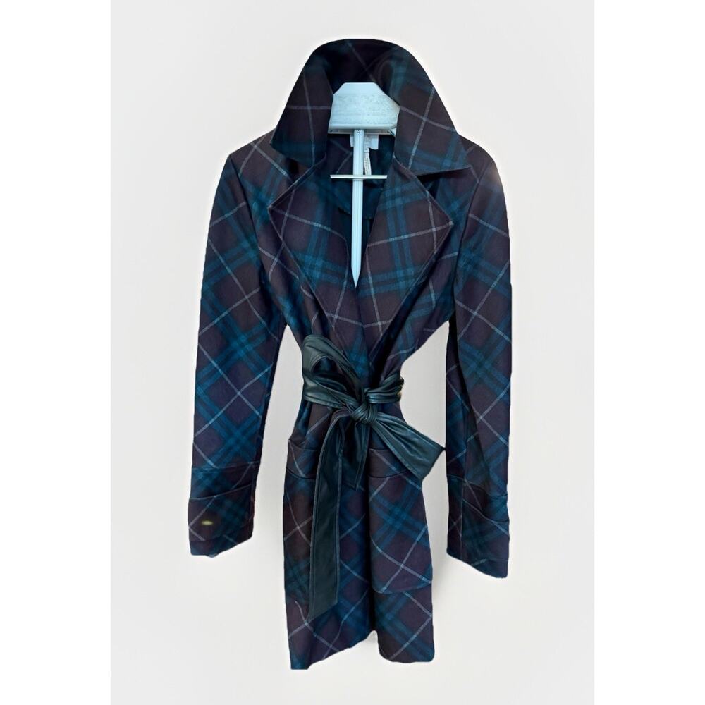 Laundry by Shelli Segal Women's Trench Coat Plaid Size Medium EUC Leather Trim